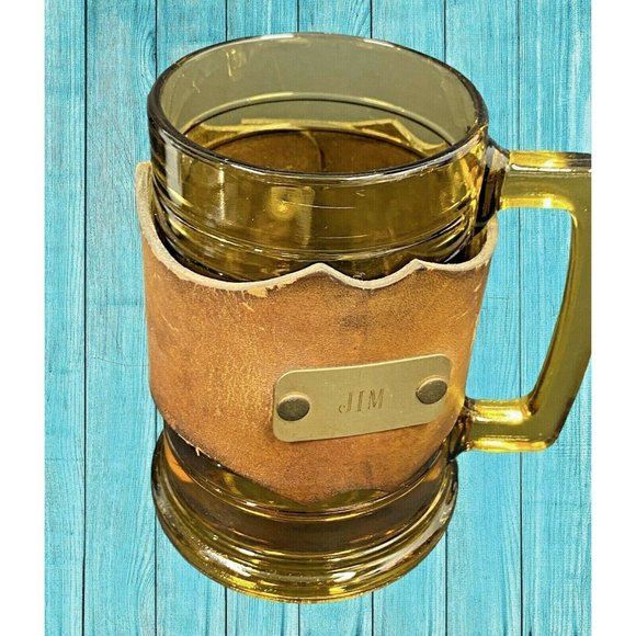 Vintage Amber Glass Mug Leather Snap Cover Wrap J - Picture 2 of 10